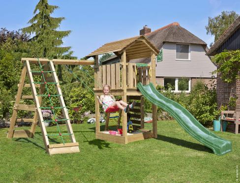 Jungle Cottage | Houten speeltoestel met schommel & klimnet