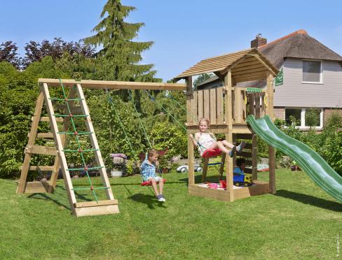 Jungle Cottage | Houten speeltoestel met schommels & klimnet